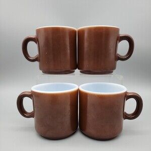 VtG 4 Hazel Atlas Glass Two-Toned Coffee Mugs Coffee Cups Brown & White D Handle